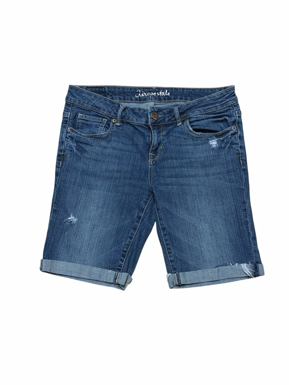 Aeropostale Bermuda Jean Shorts Womens 6 Low Rise Denim Cuffed Distressed Casual